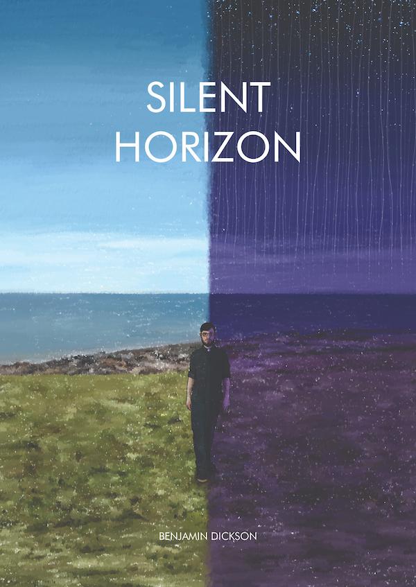 Silent Horizon - A man is stood on a grassy plain, with the sea in the background. The cover is split in half vertically, one side is daylight, the other side is night-time. Vertical silvery lines are seen in the night sky.